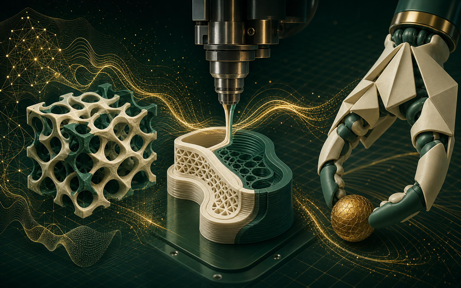 Conceptual visualization linking AI-designed metamaterial lattices, intelligent multimaterial manufacturing, and a bio-inspired soft robotic gripper